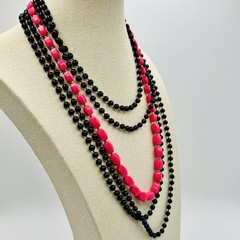 Vintage Black Pink Bead Necklace Set Flapper Opera Long Layered Retro Mod