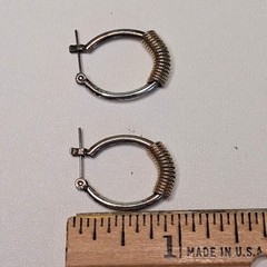 Two Tone Silver Gold Hoop Earrings Wrapped Wire Coil Hinged Saddleback Vintage