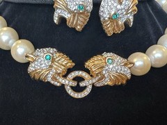 Vintage CIELO Panther Faux Pearl Parure Statement Runway Set Necklace Earrings
