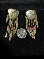 Vintage 3 inch long Tabre © onyx coral copper brass dangle shield earrings!