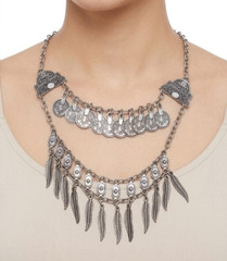 Vintage Silver Tone Boho Coin Feather Tassel Layered Necklace Gypsy Bibi Women