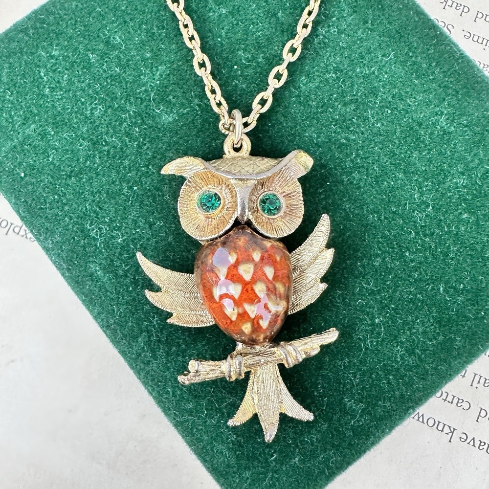 Vintage 1970s Owl Pendant Necklace Gold Tone Glazed Ceramic Orange Brown 24”