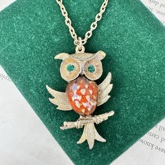 Vintage 1970s Owl Pendant Necklace Gold Tone Glazed Ceramic Orange Brown 24”