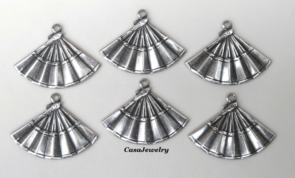 #3465 ANTIQUED STERLING SILVER PLATED PENDANT/ER FAN W/TOP HANG RING – 6 Pc Lot