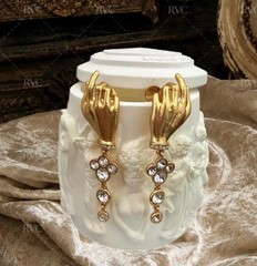 Schiaparelli Gold Hand Crystal Drop Dangle Stud Earrings Surrealist Art Jewelry