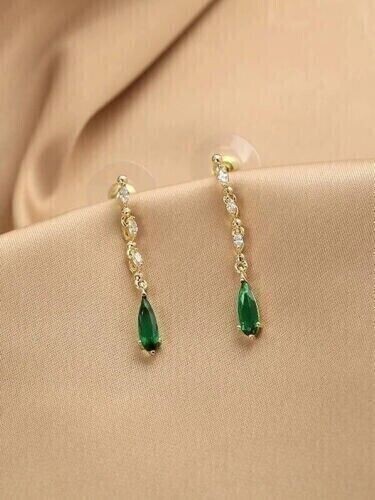 Pear Green Emerald & Lab Created Diamond Drop/Dangle 14K Yellow Gold FN Earrings