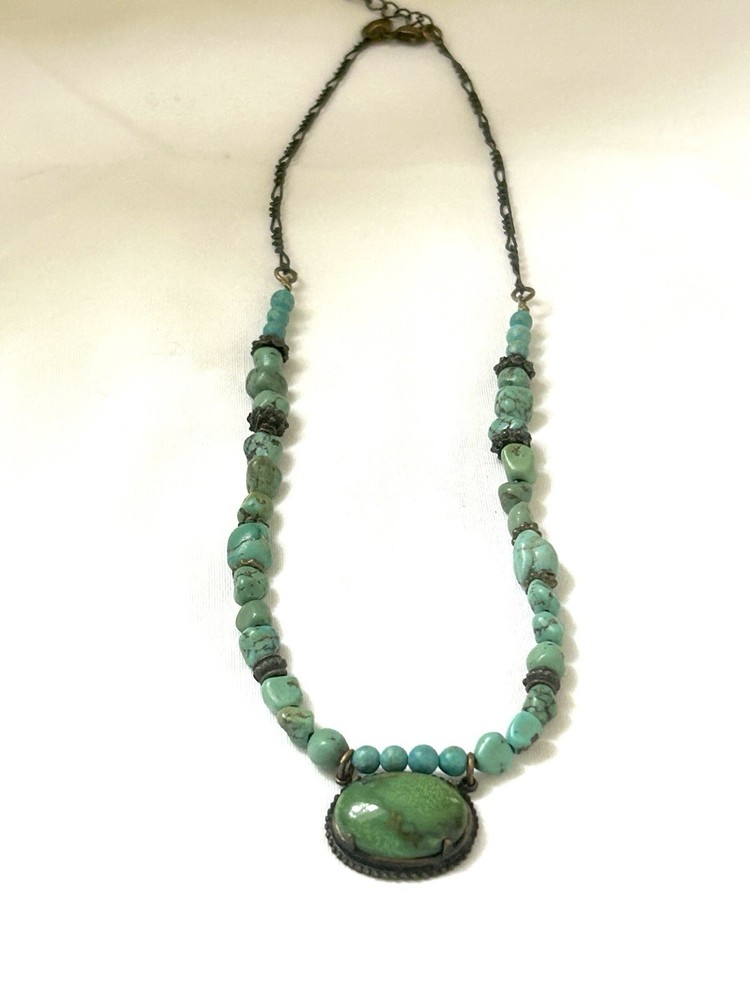 Vintage Handmade Turquoise Bead And Pendant Necklace Adjustable Length