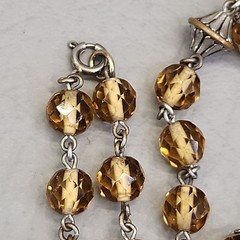 Vintage Glass Beaded Necklace Yellow Brown Faceted Silver Tone Caps 44″