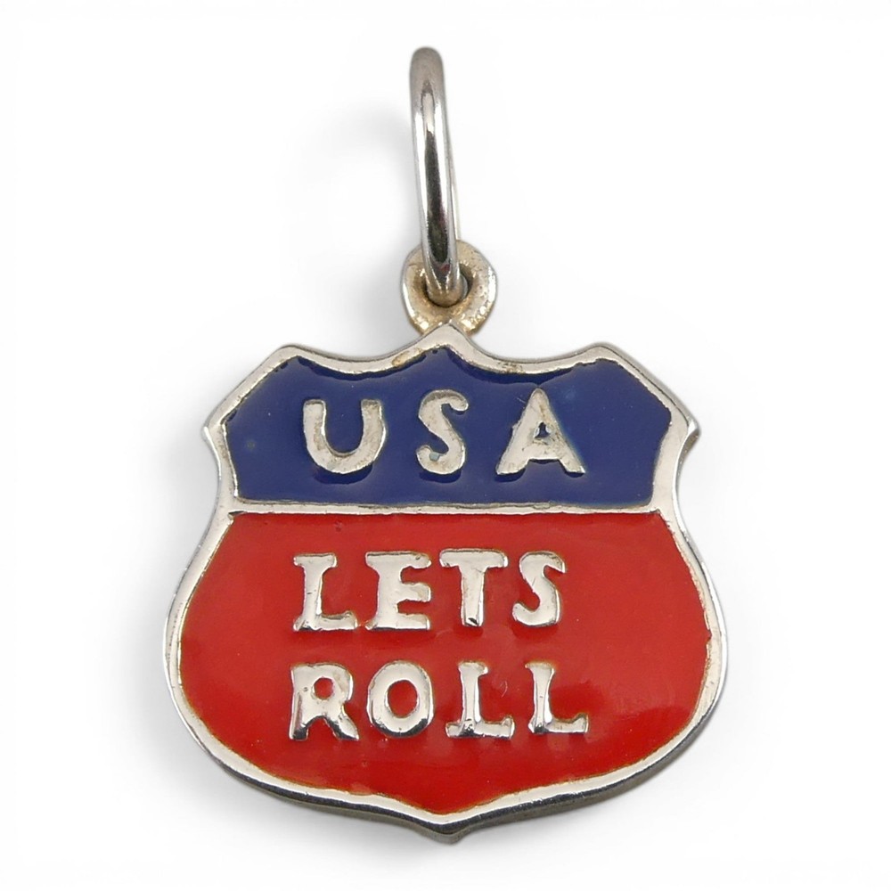 Sterling Silver LETS ROLL Charm for Bracelet Red Blue Enamel USA Pendant Shield