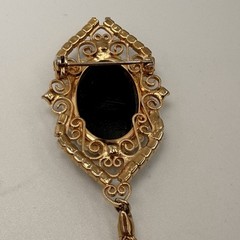 Vintage Victorian Revival Brooch Lot of 2 Gold Black Enamel Tassel Filigree