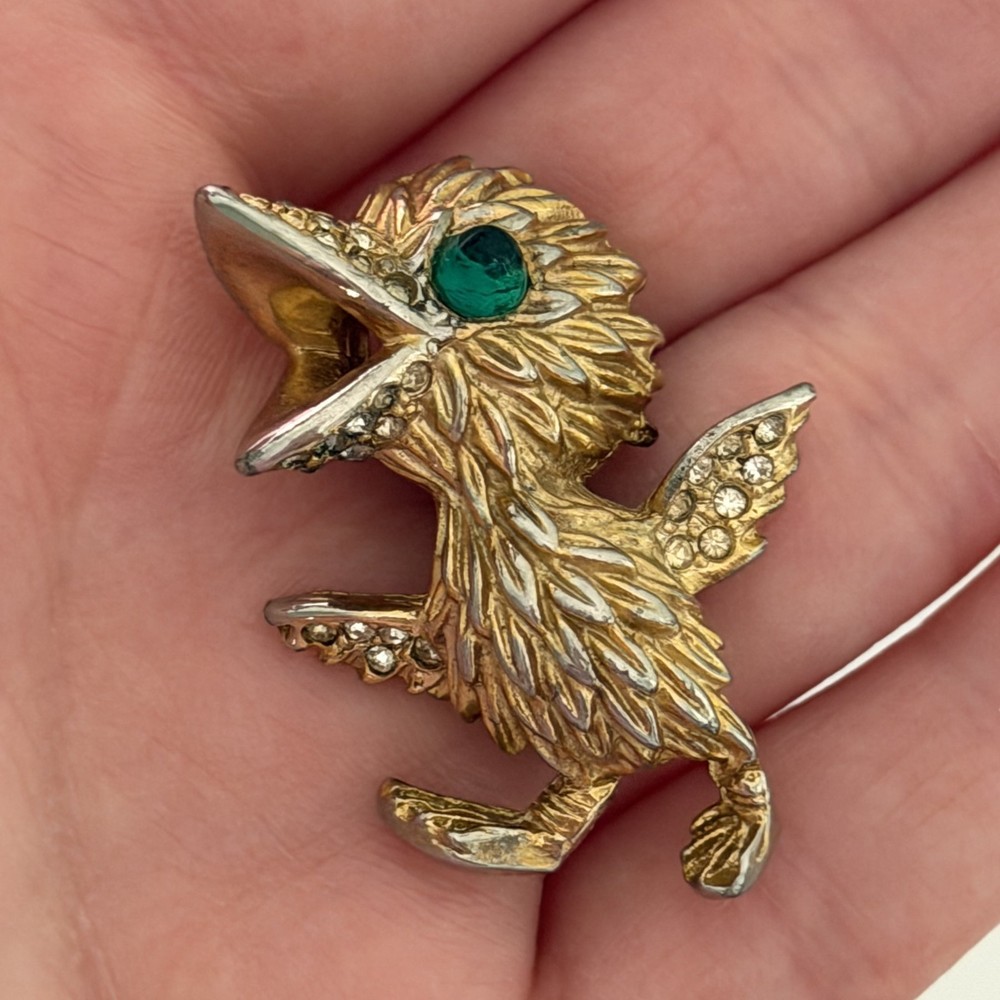 Vintage Bird Chick Duckling Gold Tone Green Eyed Rhinestone Brooch Pin