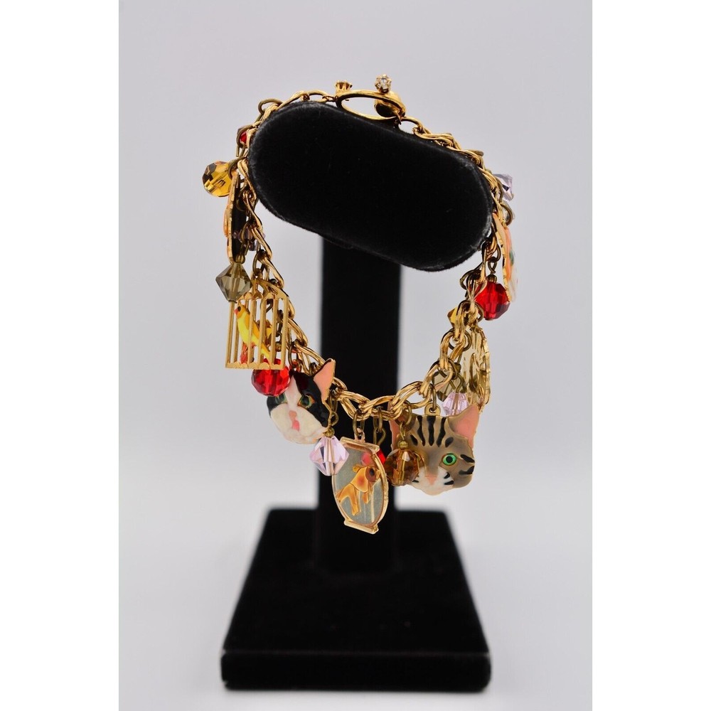 Lunch at The Ritz Vintage Cat Charm Bracelet Bird Fish Crystal Signed 1990s Bin6