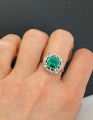 Art Deco Style 3.5 Ct Old Mine Cut Colombian Emerald Engagement Ring In Silver