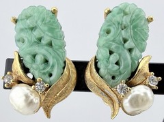 JOMAZ VTG GOLDTONE RHINESTONE FAUX JADE FAUX BAROQUE PEARL EARRINGS AS IS K285E