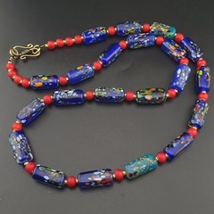 Vintage Venetian Midnight Mosaic Trade Glass Bead Necklace 24in 6.2–20.1mm