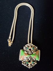 Selro Selini Unsigned Green Art Glass Rhinestone Pendant Necklace Chunky Funky