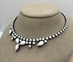 VTG MCM Tear drop Milk Glass rhinestone Black setting choker necklace 15″
