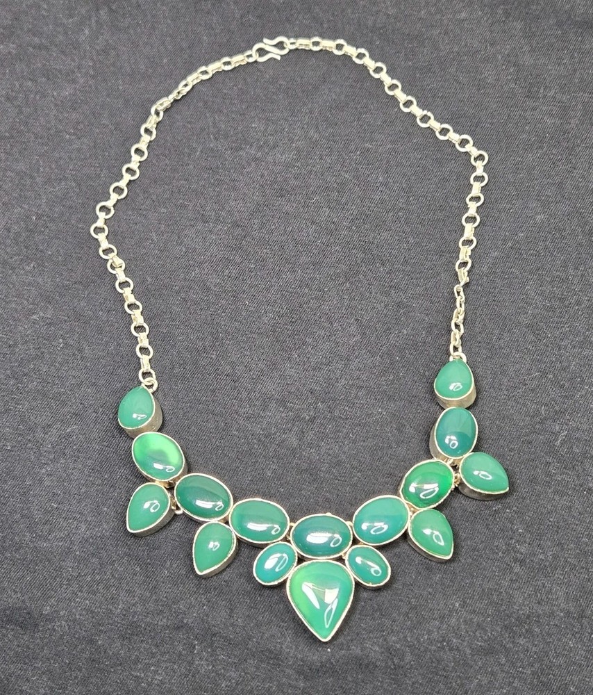 80.5g Sterling Silver 925 Green Chalcedony Statement Necklace Pear Oval Cobochon