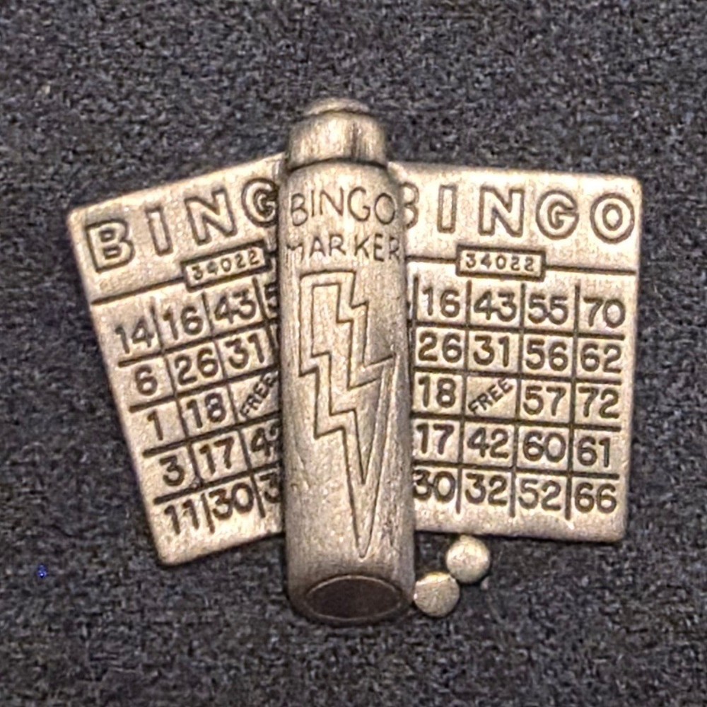 Vintage Bingo Brooch Pin Silver Tone Bingo Marker Dabber Cards Novelty Jewelry