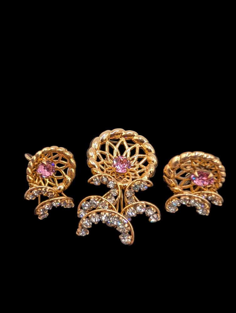 Vtg M&S Pink Gold Filled 1/20 12k Pink Rhinestone Brooch Earrings Pin Set