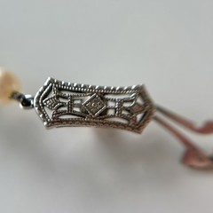 Antique Art Deco Cultured Pearl Necklace 14K White Gold Filigree Clasp 17 Inches