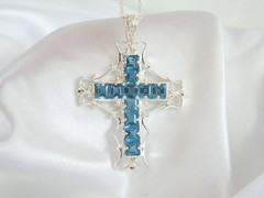 Large Sterling Silver 925 Heated London Blue Topaz Cross Pendant Necklace