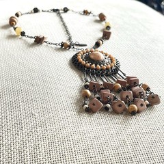 VTG VCLM Signed Boho Statement Medallion Necklace Peach Wood Bead Fringe Fringe
