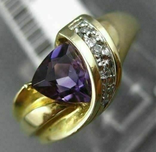 ESTATE 1.03CT ROUND DIAMOND & AAA TRILLION CUT AMETHYST 14K 2 TONE GOLD FUN RING