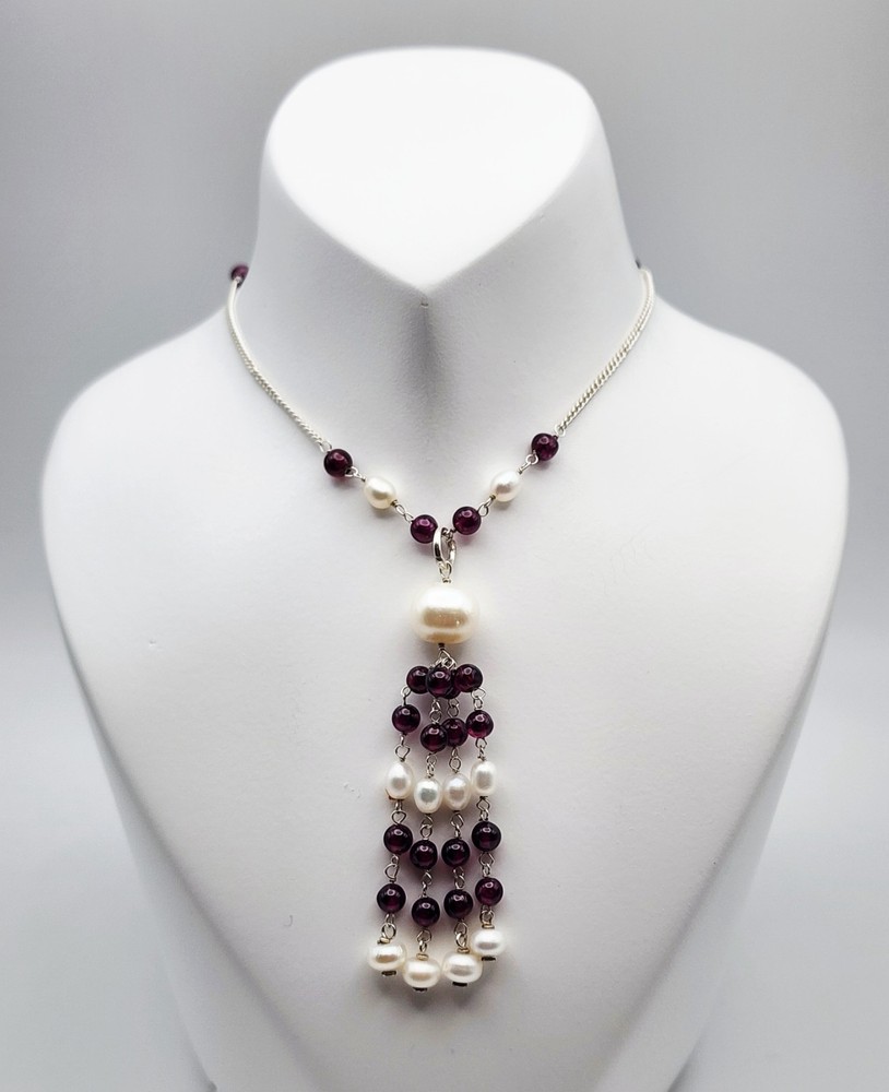 Vintage Sterling Silver 10mm Pearl Rhodolite Garnet Beaded Tassel Necklace 19″