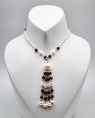 Vintage Sterling Silver 10mm Pearl Rhodolite Garnet Beaded Tassel Necklace 19″