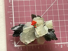 Vtg Chinese Carved Glass Peony Flower Brooch Wire Wrapped Celadon Green Red Pin