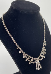 Antique Victorian Revival Silver Tone Faceted Rhinestone Bow Statement Necklace
