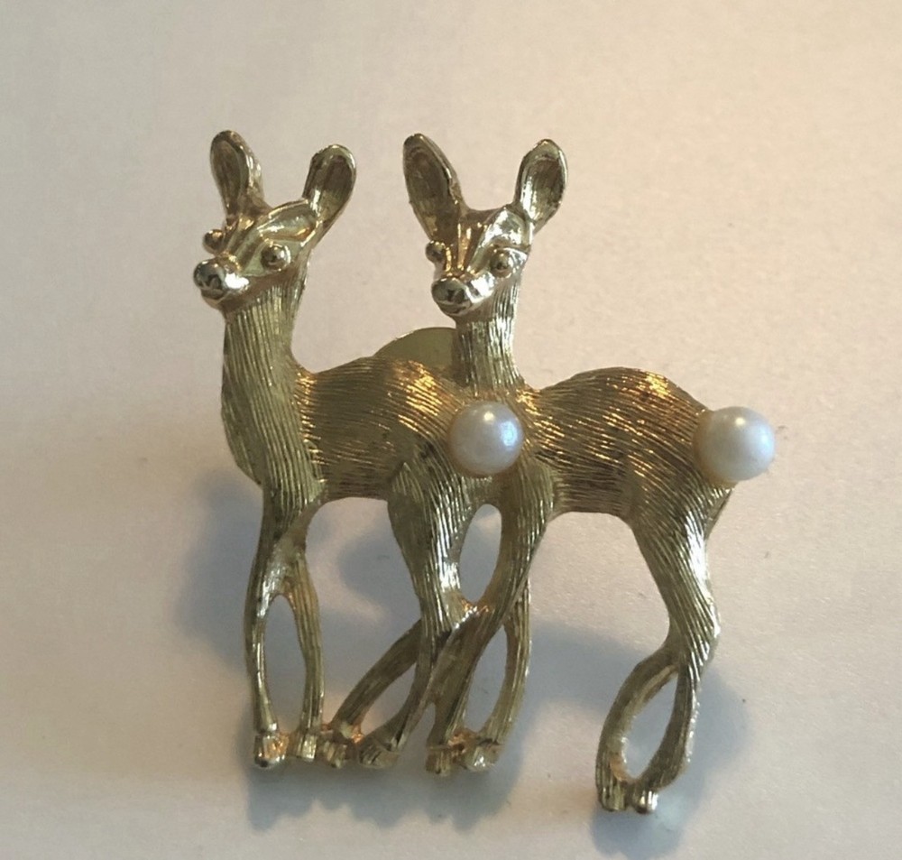 Golden Faux, Pearl, Reindeer Brooch