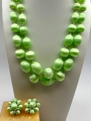 Vintage Lime Green Satin Finish 2-Strand Necklace & Clip Earrings Set MCM Japan