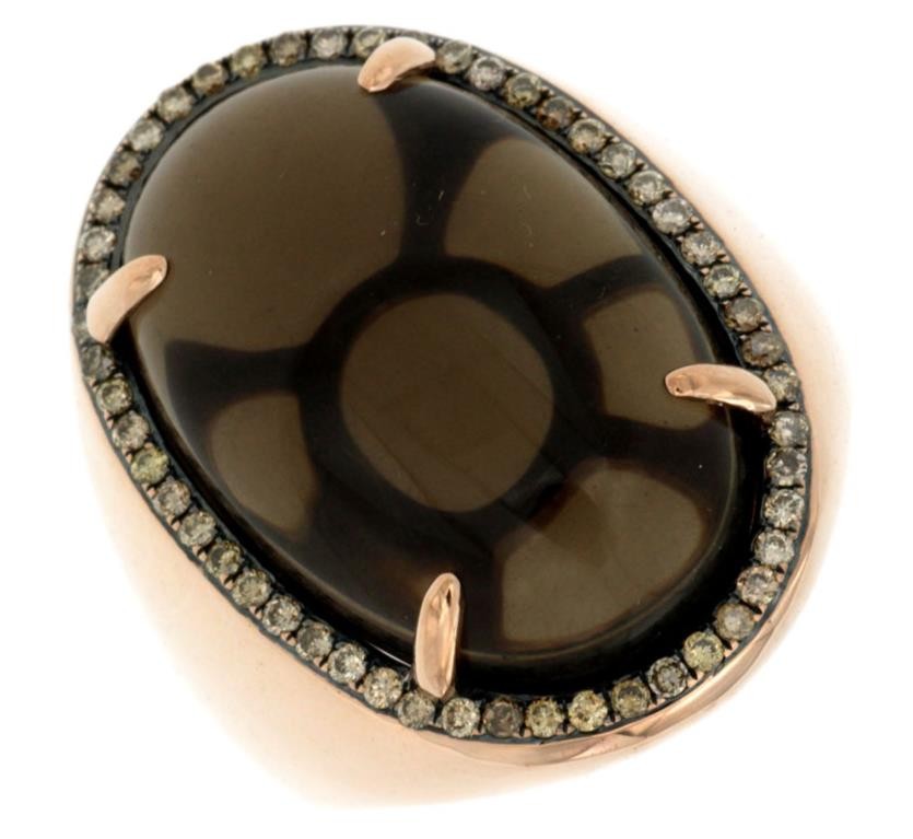 LARGE 17.74CT CHOCOLATE FANCY DIAMOND & AAA SMOKY TOPAZ 14KT ROSE GOLD OVAL RING