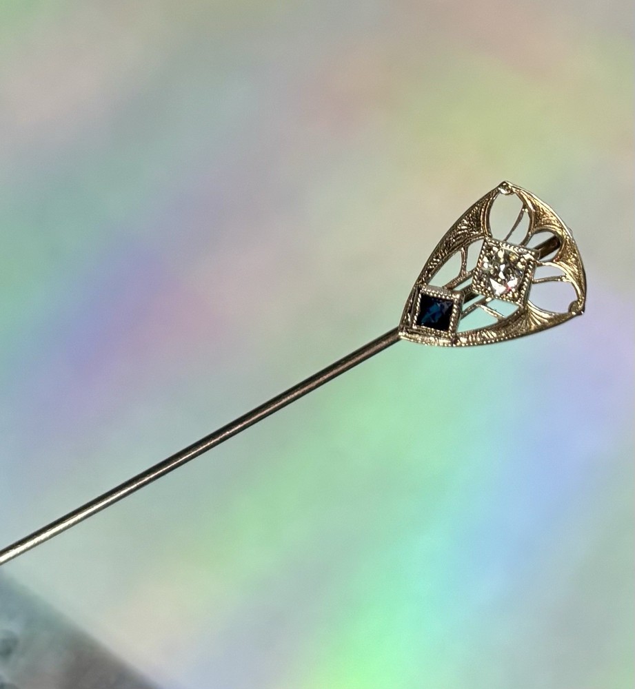 10K Vintage Art Deco 1920s White Gold Diamond .09ct Blue Gemstone Stick Pin 1.1g
