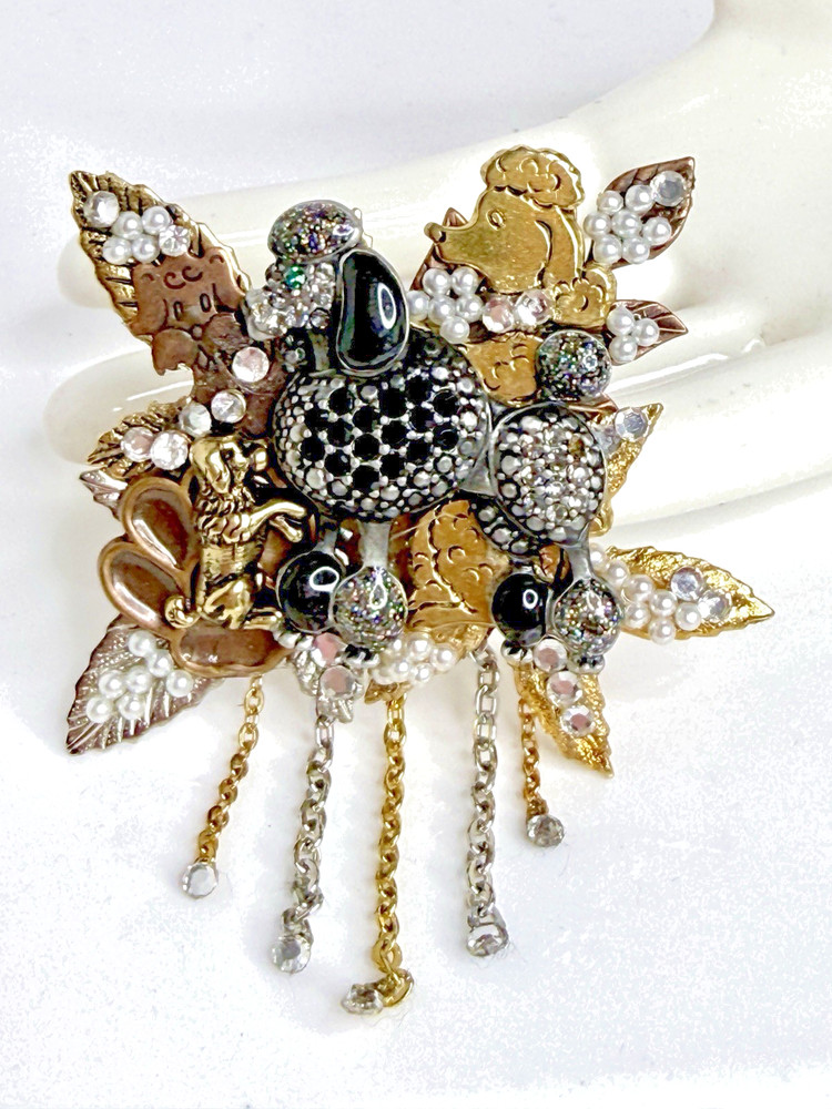 Large Vintage Rhinestone French Poodle Dog Brooch Pearls Leaves Dangling Chains