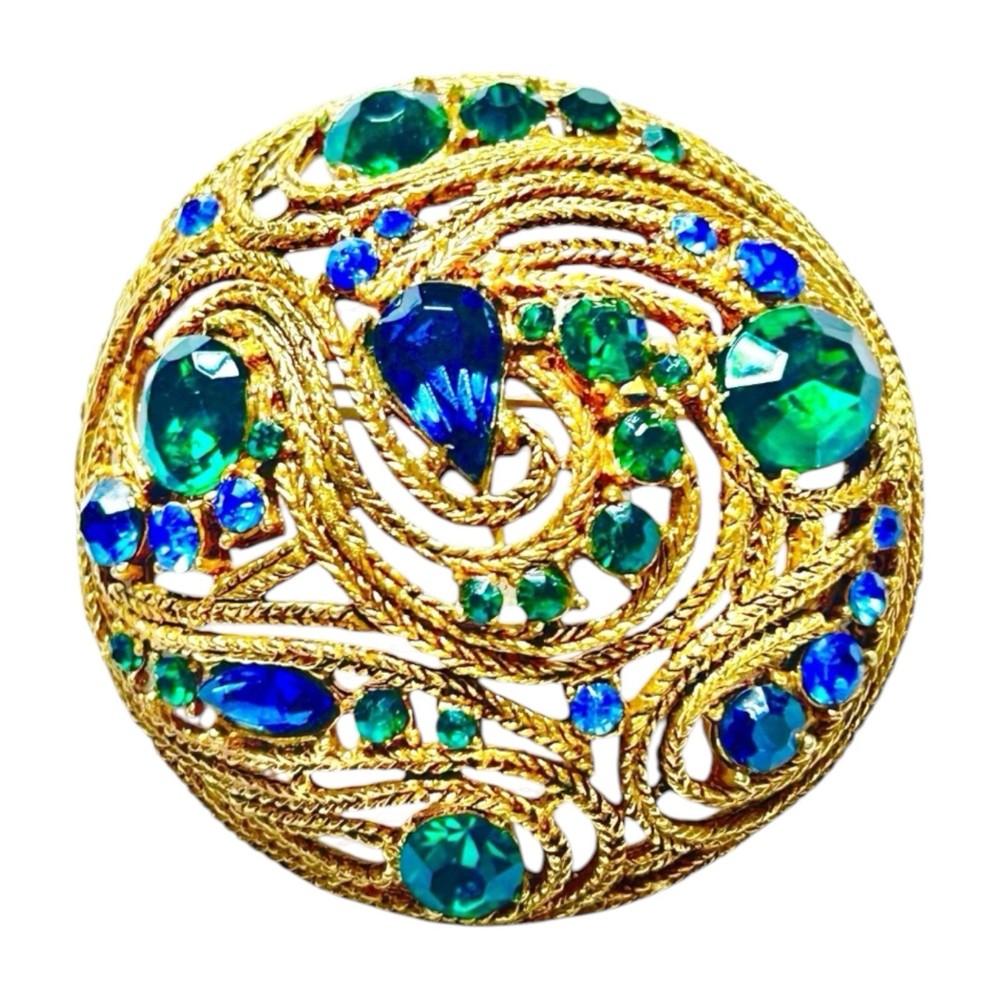 VTG La Roco DOMED BROOCH Blue Green Faceted Stones Braided Goldtone MCM Peacock