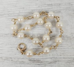 Vintage Wired Mid Century 10K Yellow Gold 5.7mm Pearl Chain Link Bracelet 7.5″