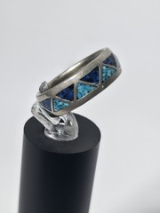 Vtg Silver-Tone Turquoise/Blue Chip Triangle Inlay Band Ring Sz 8 Southwestern