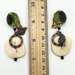 Vintage Clip On Earrings Dangles Green Glass Plastic Gold Tone Metal