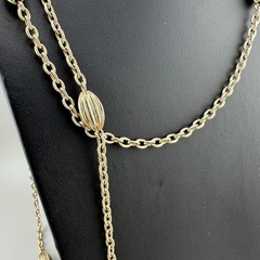 Vintage Flapper Chain Necklace Gold Tone Textured Cable Link Oval Station Bead