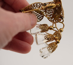 Antique Vintage Gilt Filigree Brooch Cut Crystal Drop European Design Statement
