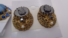 3 Vintage Ornate Filigree Porphyry Art Glass Cameo Waterfall Crystal Earring Lot