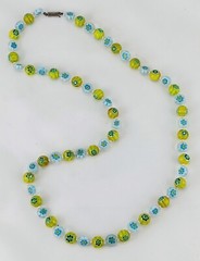 34″ Bright Yellow Blue & White Millefiori Art Glass Bead Necklace