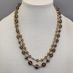 Vintage Glass Beaded Necklace Yellow Brown Faceted Silver Tone Caps 44″
