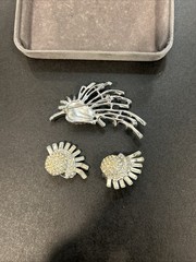 Silver Brooch And Clip On Earrings With Stones