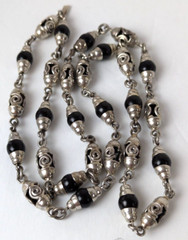 925 Taxco Sterling Silver Black Onyx Gem Bead & Barrel Long Chain Necklace 32″