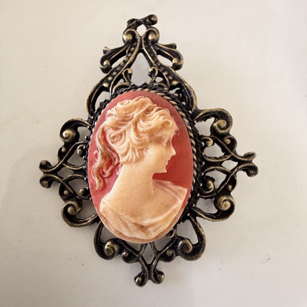Vintage Victorian Revival Red Cameo Brooch Gold Tone Filigree Lady Portrait Pin