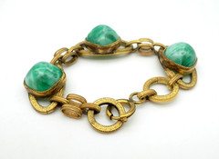 Antique Peking Glass High Cabochon Brass Chain Link Bracelet AS IT